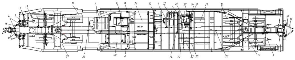 Расположение оборудования под кузовом головного немоторного вагона