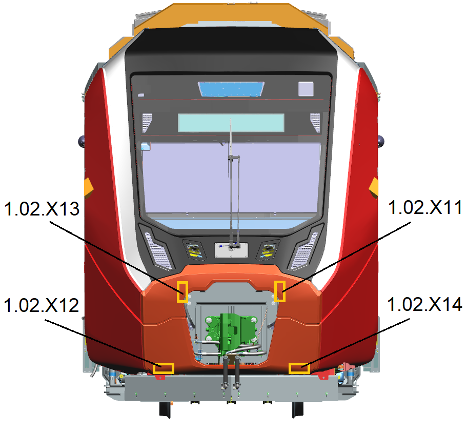 Расположение холостых приемников со штепселями (1.02.Х11, 1.02.Х12) и розеток (1.02.Х12, 1.02.Х14) на головной части электропоезда