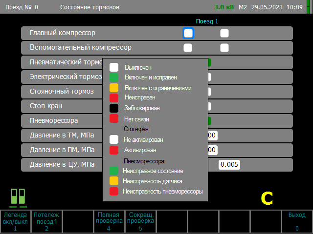 Экран «Состояние тормозов» с активированной легендой